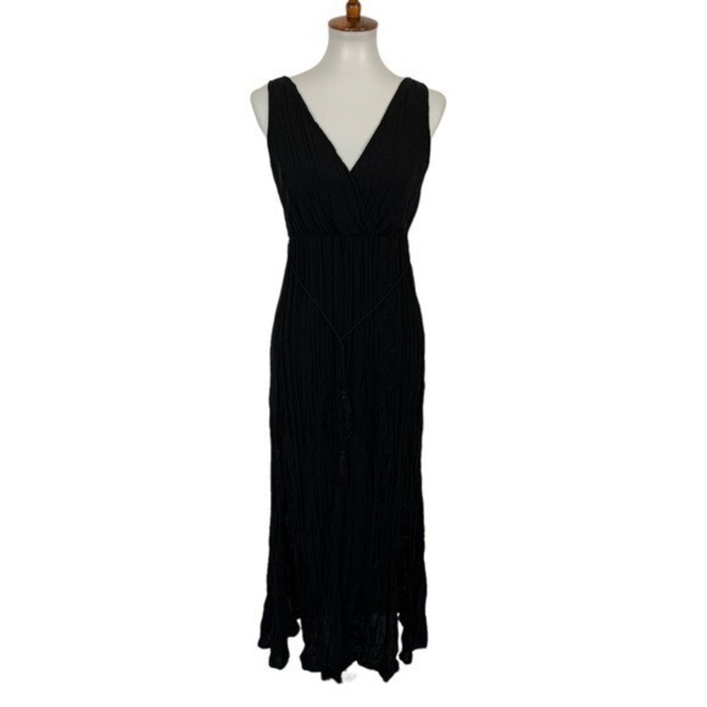 Shinestar Black Crinkle Sleeveless Maxi Dress Women's Small V-Neck Boho‎ Style